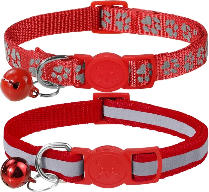 Taglory Reflective Cat Collar Breakaway With Bells, 2 Pack Girl Boy Pet Cat Collar Adjustable 7.5-12.5 Inch, Red