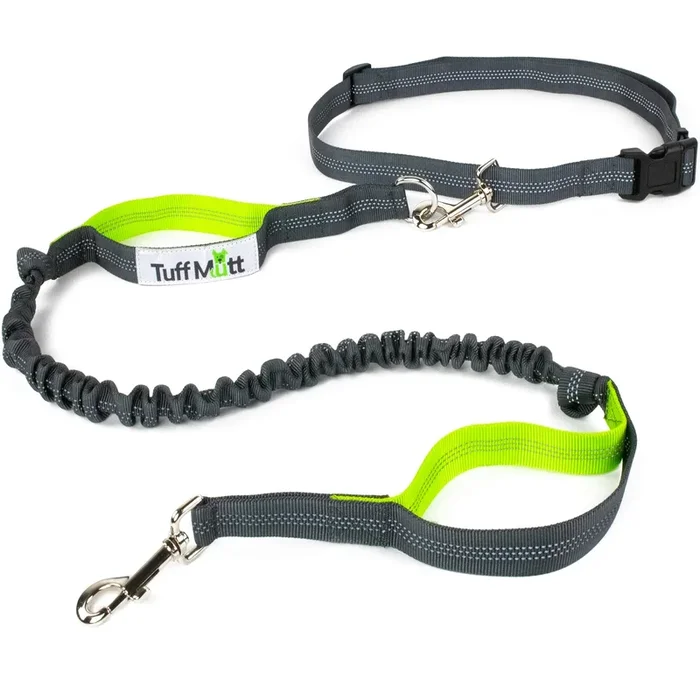 Tuff Mutt Hands-Free Waist Leash For Dog Walking, Running And Hiking, Adjustable Belt With Double Handle, Reflective Bungee Design For Large & Medium Dogs