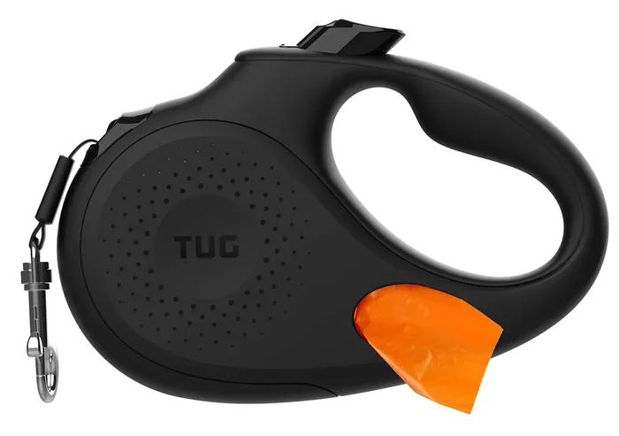Tug Oval 360?Tangle-Free Retractable Dog Leash With Integrated Waste Bag Dispenser (Large, Black)