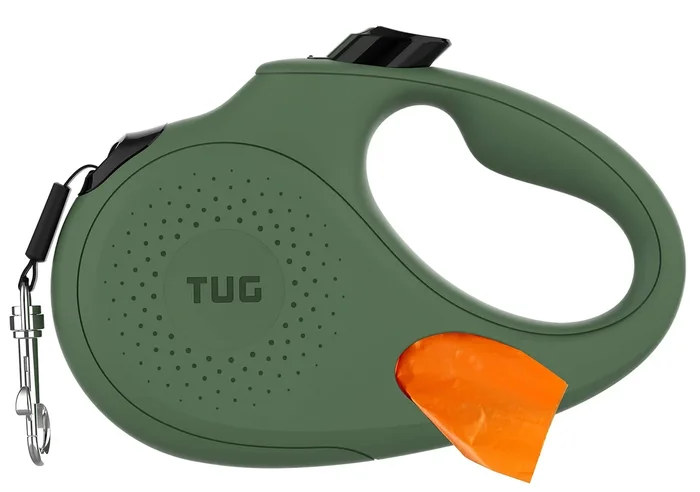 Tug Oval 360 Tangle-Free Retractable Dog Leash With Integrated Waste Bag Dispenser (Small, Green)