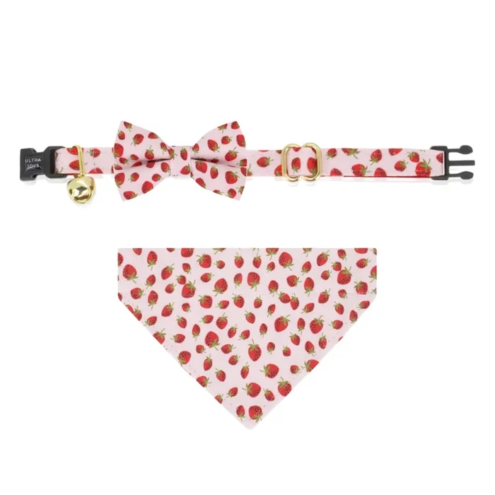 Ultra Joys Breakaway Cat Collar Kitten Collar With Bell, Bowtie & Bandana – Strawberry Small