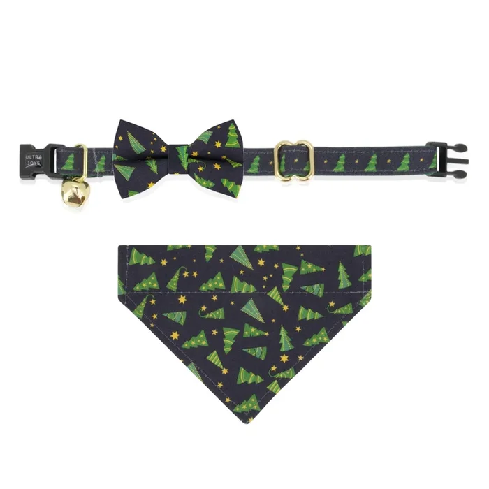 Ultra Joys Breakaway Cat Collar With Bells – Boy & Girl Kitten Collar With Bandana And Bowtie – Christmas Tree Large