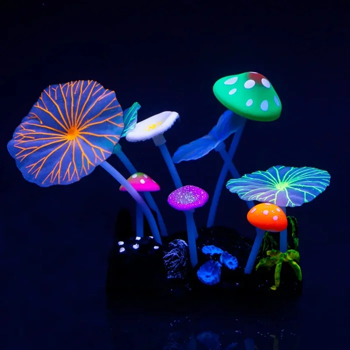 Uniclife Aquarium Coral Plant Ornament With Glowing Effect Imitative Mushroom Lotus Leaf Decoration Addition Colorful Lifelike S