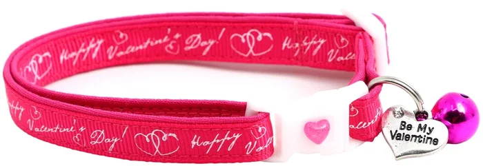 Valentines Day Cat Collar With Bell | Safety Breakaway Collar | Adjustable Large Size Or Kitten Collar (Happy Valentines Day, La