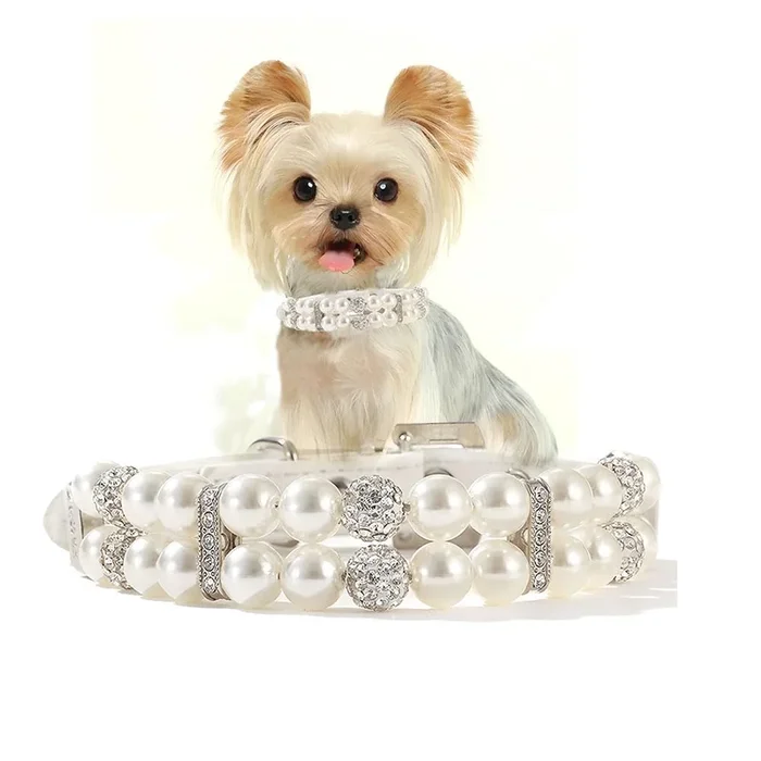 White Pearl Dog Collars For Small Dogs, Girls Pearl Cat Collar Pu Leather Dogs Necklace With Crystal Diamond Rhinestone For Pupp