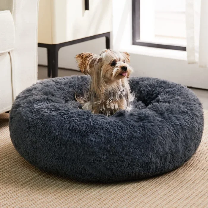 Wnpethome Calming Dog & Cat Bed, Anti-Anxiety Donut Bed, Fluffy Faux Fur Cushion For Small Dogs And Cats (24 X 24 X 8 Inch, Navy