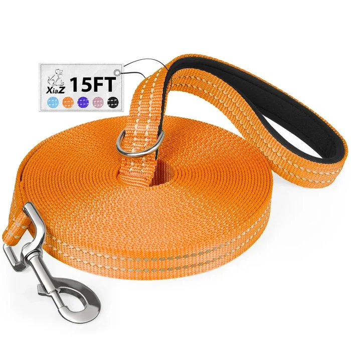 Xiaz 15 Feet Dog Training Leash, Nylon, Orange, Reflective, Padded Handle, 550 Lbs Bearing, Lightweight Suitable For Small, Medi