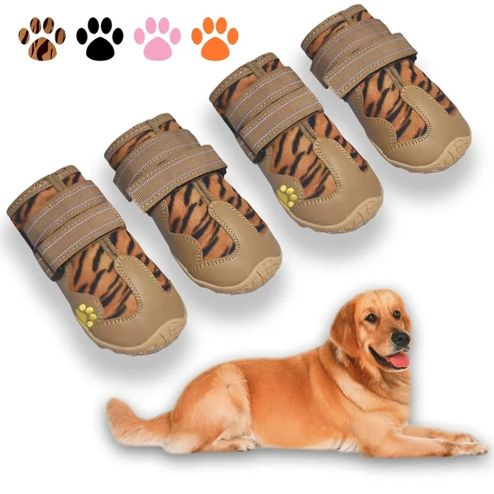Xsy&G Dog Boots,Waterproof Dog Shoes,Dog Booties With Reflective Strips Rugged Anti-Slip Sole And Skid-Proof,Outdoor Dog Shoes For Small Medium Large Dogs 4Pcs Leopard-Size1